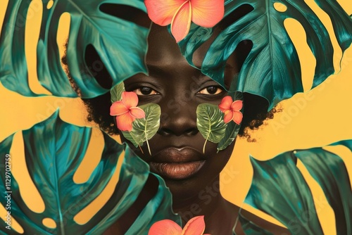 beautiful african woman with flowers and leaves covering the face photo