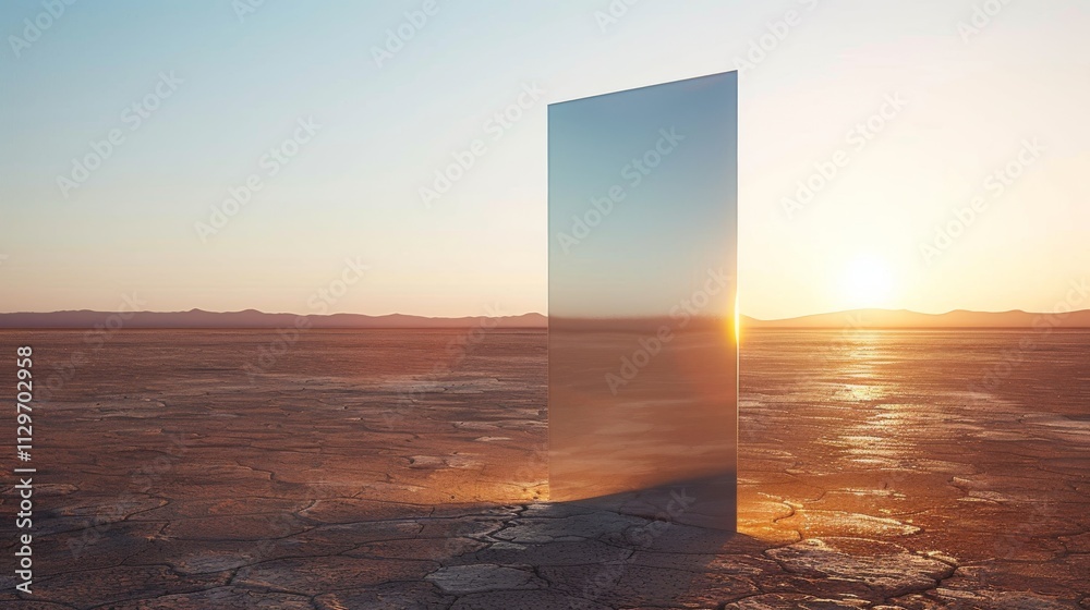 Fototapeta premium a 4K photograph of a sleek reflective door in the middle of an endless desert