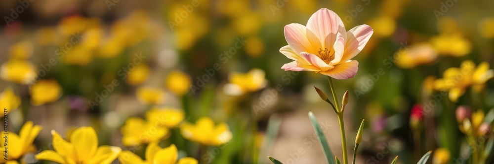 Vibrant yellow daffodil flowers blooming in a lush green field under the warm sun, petal, plant, sunny Vibrant yellow daffodil flowers blooming in a lush green field under the warm sun, petal, plant, sunny