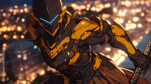 golden sentinel, armored warrior in glowing yellow mech suit stands ready with spear against city lights photo