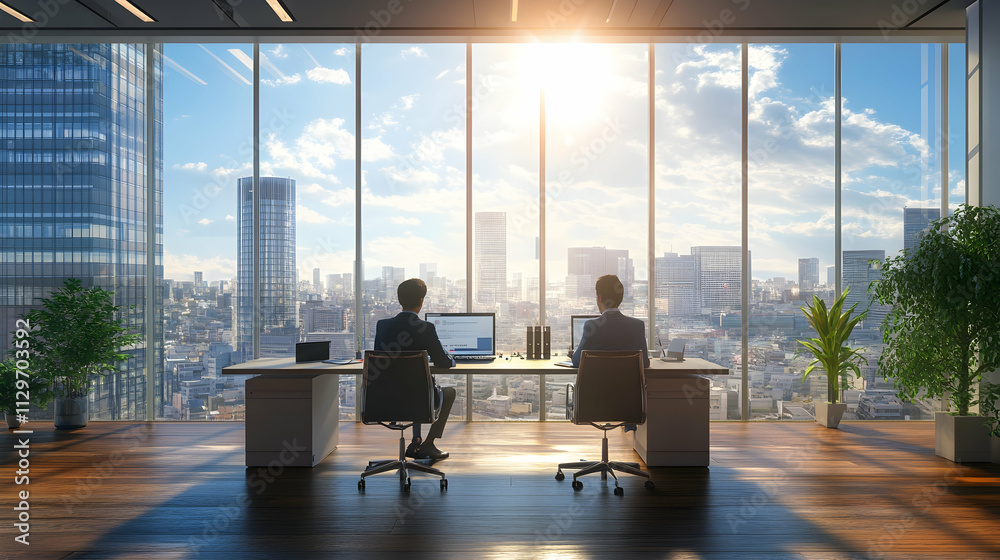 Two business professionals reviewing documents in a modern office, focusing on their work with large windows showing a bright cityscape Two business professionals reviewing documents in a modern office, focusing on their work with large windows showing a bright cityscape
