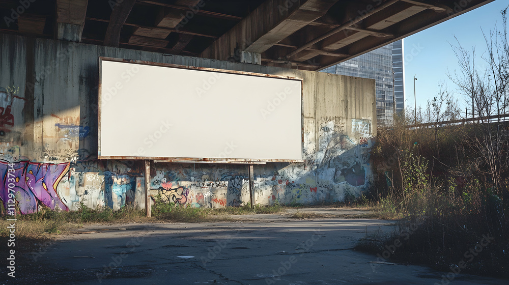 Urban setting featuring a large blank billboard on a graffiti-covered wall under a bridge, perfect for advertising mockups Urban setting featuring a large blank billboard on a graffiti-covered wall under a bridge, perfect for advertising mockups