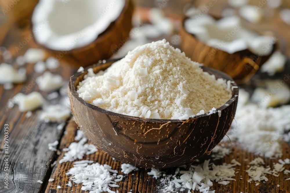 Coconut flour in rustic bowl on table Coconut flour in rustic bowl on table