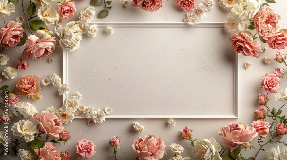 A blank white picture frame with a cloud-patterned border centered encircled by roses and peonies A blank white picture frame with a cloud-patterned border centered encircled by roses and peonies