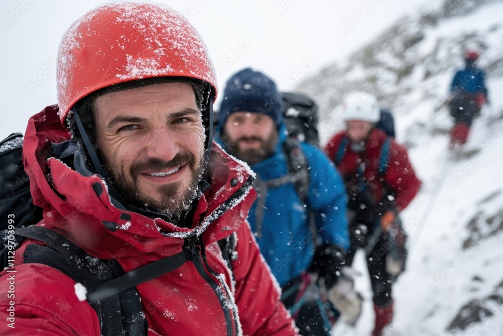 A cheerful climber poses with teammates on a rocky, snow-covered peak, showcasing the thrill of adventure and the bond formed through shared mountaineering experiences. A cheerful climber poses with teammates on a rocky, snow-covered peak, showcasing the thrill of adventure and the bond formed through shared mountaineering experiences.