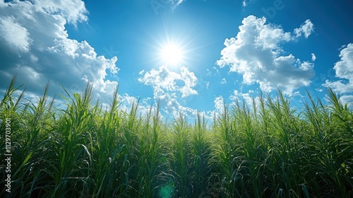 Bright sun over lush green field under blue sky.