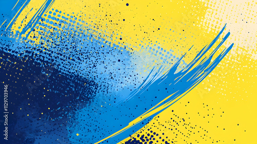 Vibrant blue and yellow abstract sports background featuring dynamic brush texture and halftone effect for bold banner or poster design