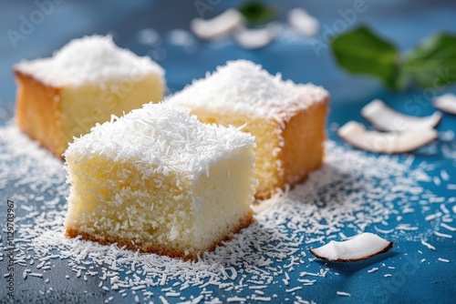 Coconut semolina cake on blue background