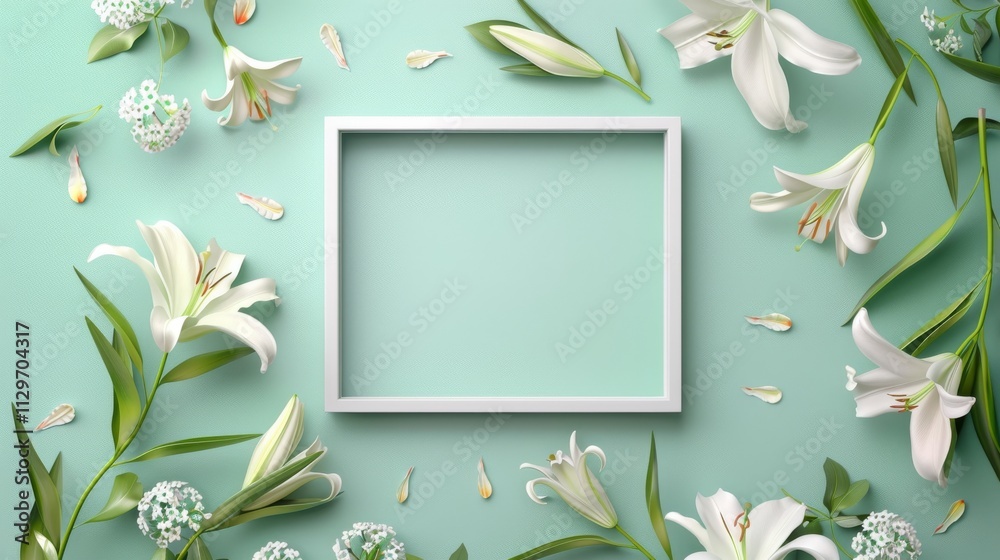 A blank white picture frame with a metal floral border centered encircled by daisies and lilies A blank white picture frame with a metal floral border centered encircled by daisies and lilies