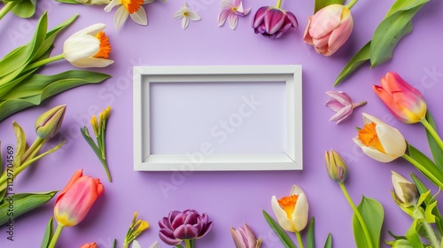 A blank white picture frame with a metal inlay border centered encircled by tulips and daffodils photo