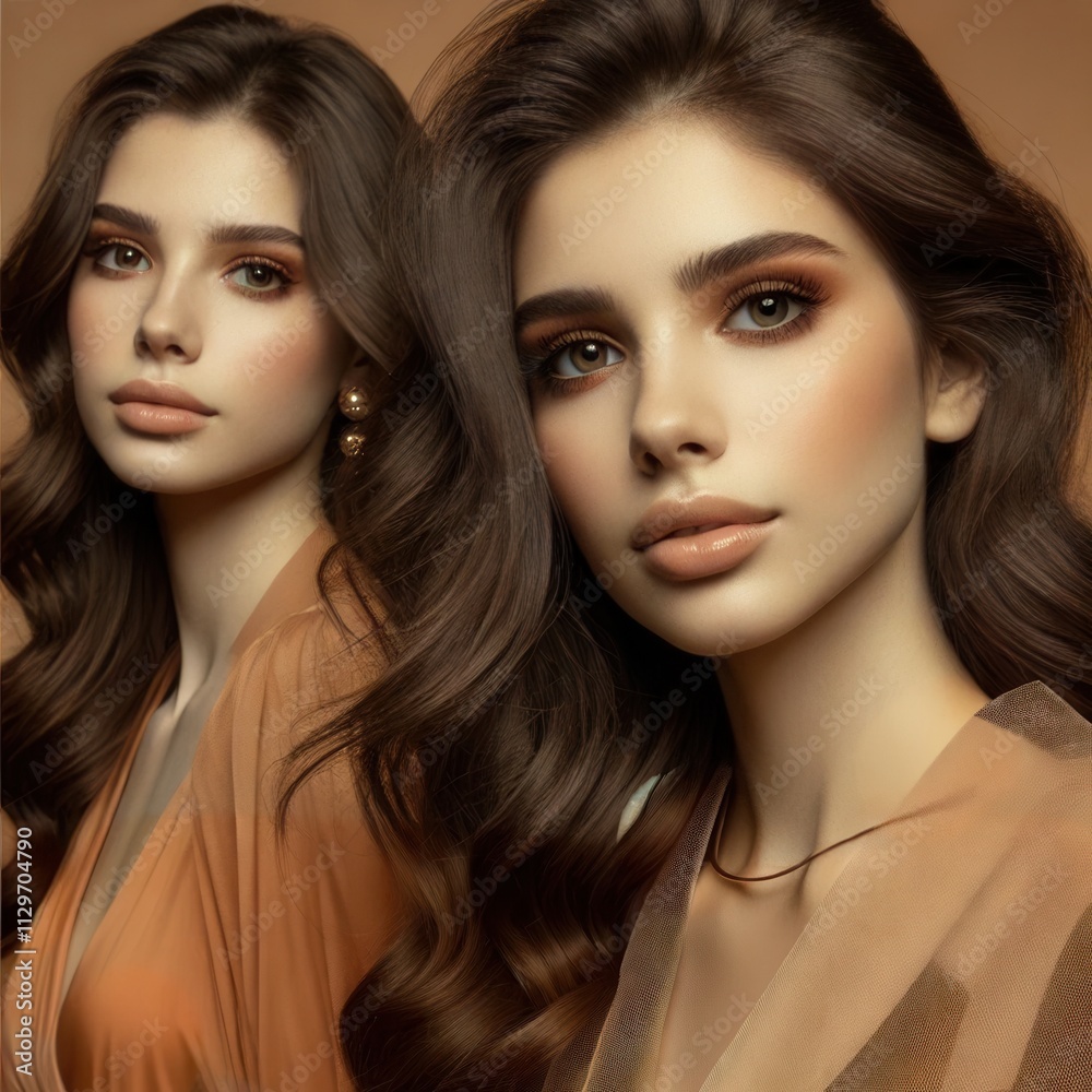 A portrait of two beautiful young women with long, dark hair and flawless makeup. They are dressed in neutral earthy-toned attire with hints of 2025 trend color Mocha Mousse. A portrait of two beautiful young women with long, dark hair and flawless makeup. They are dressed in neutral earthy-toned attire with hints of 2025 trend color Mocha Mousse.