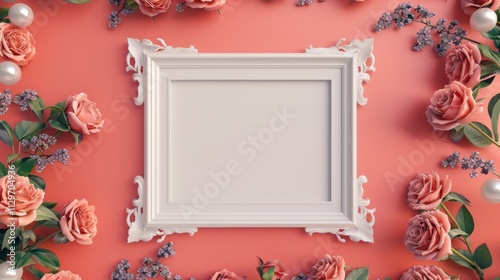 A blank white picture frame with a pearl border in the middle surrounded by roses and violets