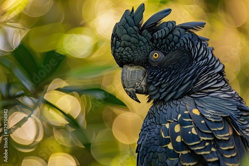 Majestic black cockatoo perched among vibrant foliage in a sunlit environment showcasing its striking features. Generative AI photo