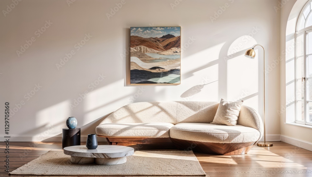 Generative AI, Minimalist living room with sculptural boucle sofa and contemporary abstract art Generative AI, Minimalist living room with sculptural boucle sofa and contemporary abstract art