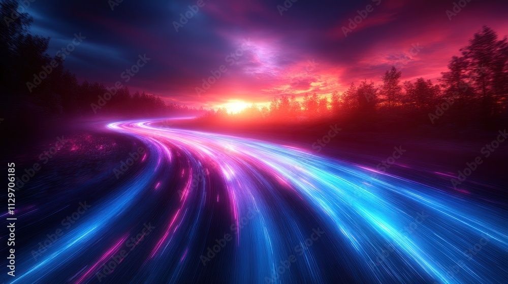 Vibrant light trails on a scenic road at sunset. Vibrant light trails on a scenic road at sunset.