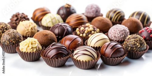 Assorted chocolate truffles with various fillings on a white background, chocolate, truffles, assorted, fillings