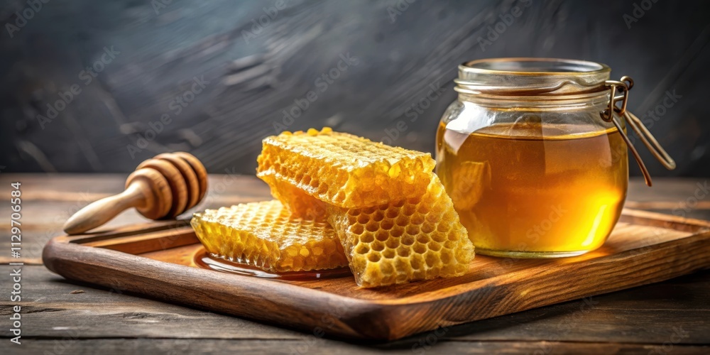 Golden honeycombs on a wooden tray with a jar of honey , golden, honeycombs, wooden tray, jar, honey, sweet, natural, organic Golden honeycombs on a wooden tray with a jar of honey , golden, honeycombs, wooden tray, jar, honey, sweet, natural, organic