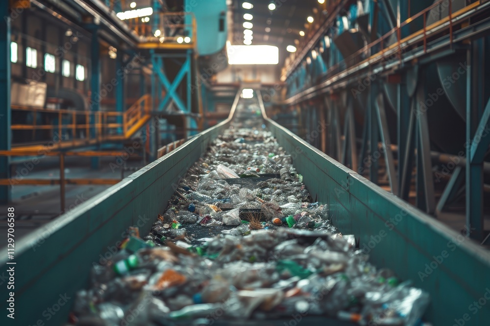 Conveyor transports trash in recycling workshop Conveyor transports trash in recycling workshop