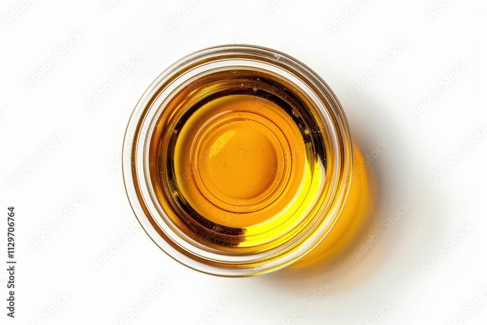 Cooking oil in glass bowl on white background seen from above Cooking oil in glass bowl on white background seen from above