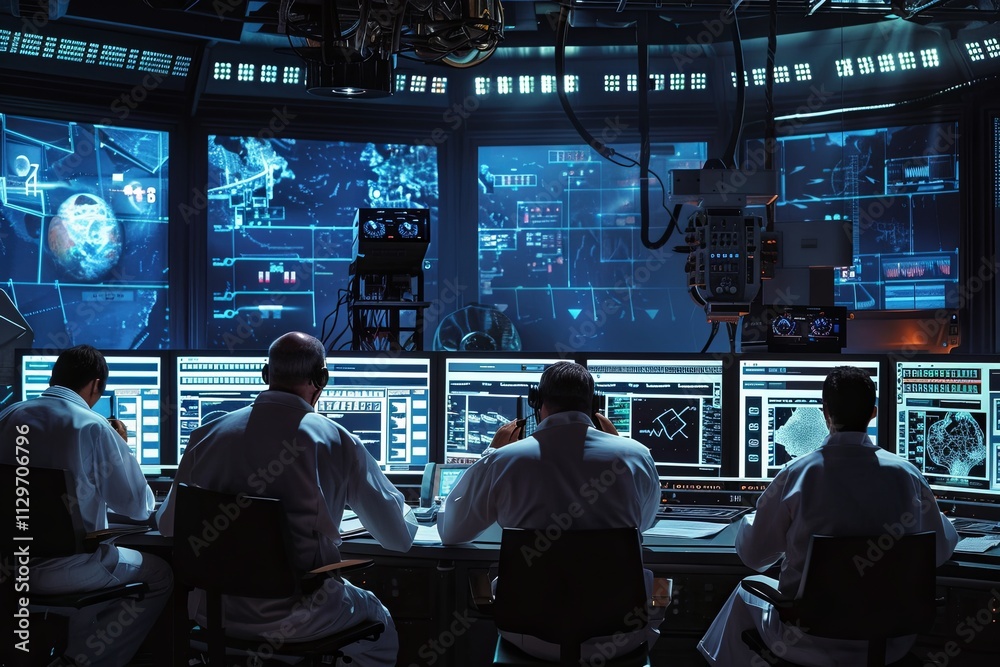 Scientists analyze complex data in a high-tech control room during a critical research project. Generative AI