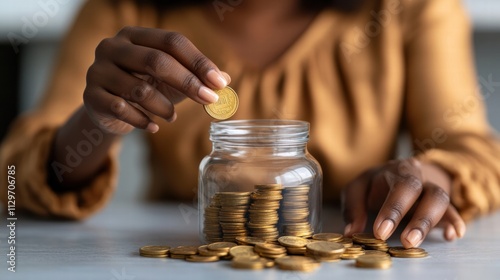 Woman Saving Money in Glass Jar