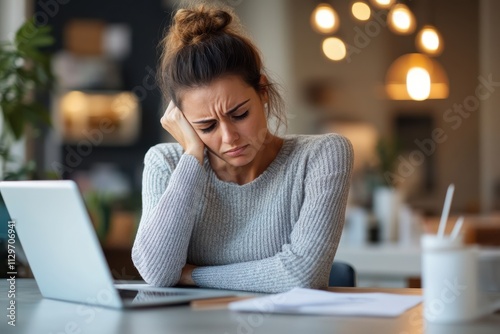 Another perspective of a young woman feeling the weight of stress in a cafe, embodying the struggle of balancing life and work, emphasizing modern challenges faced by many individuals. photo