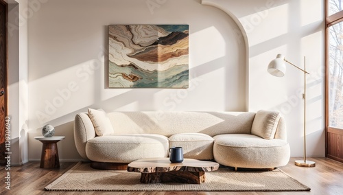 Generative AI, Minimalist living room with sculptural boucle sofa and contemporary abstract art photo