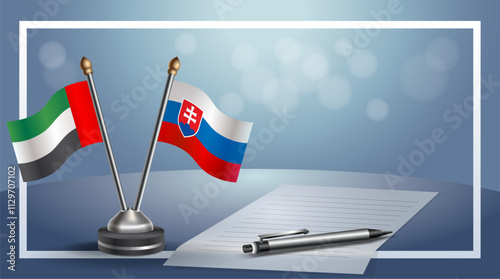 United Arab Emirate and Slovakia National flags on small table with bokeh background, cooperative relationship