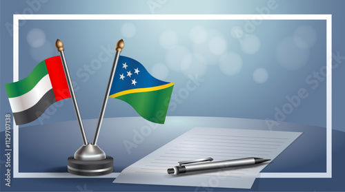 United Arab Emirate and Solomon Islands National flags on small table with bokeh background, cooperative relationship