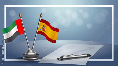 United Arab Emirate and Spain National flags on small table with bokeh background, cooperative relationship
