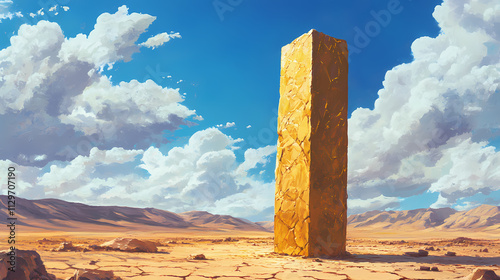 A golden monolith stands alone in a cracked desert landscape under a blue sky with clouds, evoking a sense of mystery and isolation. Monolith. Illustration photo