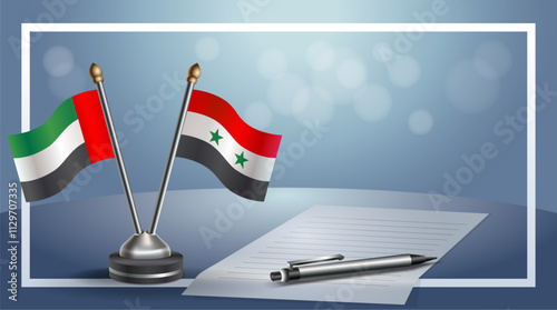 United Arab Emirate and Syria National flags on small table with bokeh background, cooperative relationship