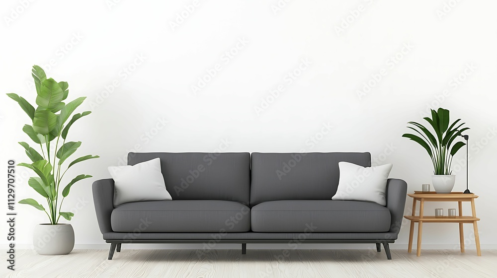 A stylish gray sofa with cushions, flanked by potted plants, set against a minimalist white wall, creating a modern and inviting living space. A stylish gray sofa with cushions, flanked by potted plants, set against a minimalist white wall, creating a modern and inviting living space.
