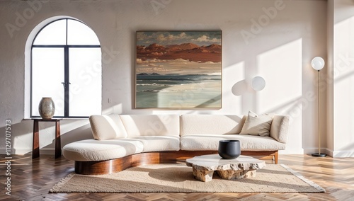 Generative AI, Minimalist living room with sculptural boucle sofa and contemporary abstract art photo