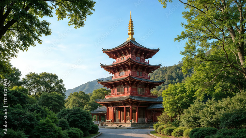 Chinese pagoda Traditional Red Pagoda in Serene Natural Setting Chinese pagoda Traditional Red Pagoda in Serene Natural Setting