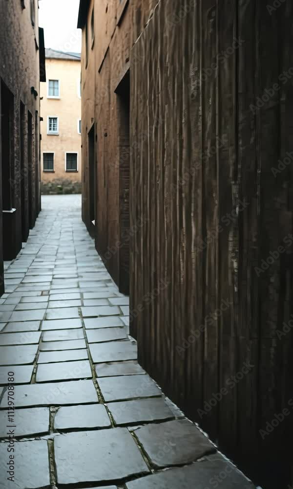 Rustic wooden door opening into a narrow cobblestone alley in an ancient town at dusk Rustic wooden door opening into a narrow cobblestone alley in an ancient town at dusk