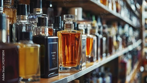 Display of diverse perfume bottles arranged on shelves in a fragrant shop showcasing various scents and styles