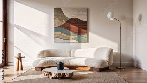 Generative AI, Minimalist living room with sculptural boucle sofa and contemporary abstract art photo