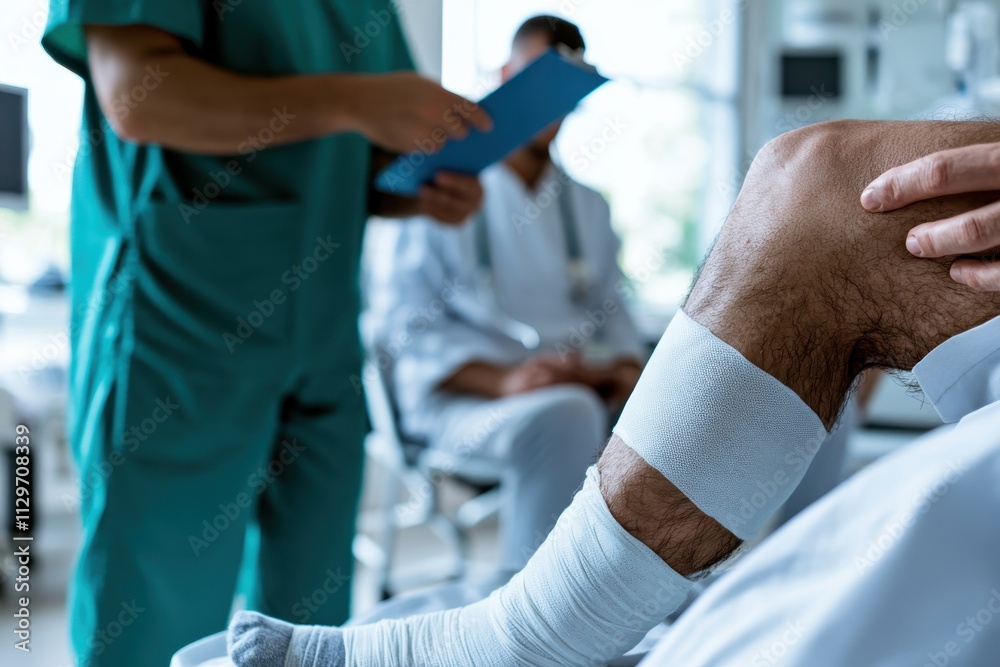 A medical professional discusses the condition of a patient with a bandaged knee in a clinical environment, highlighting the need for care and rehabilitation. A medical professional discusses the condition of a patient with a bandaged knee in a clinical environment, highlighting the need for care and rehabilitation.
