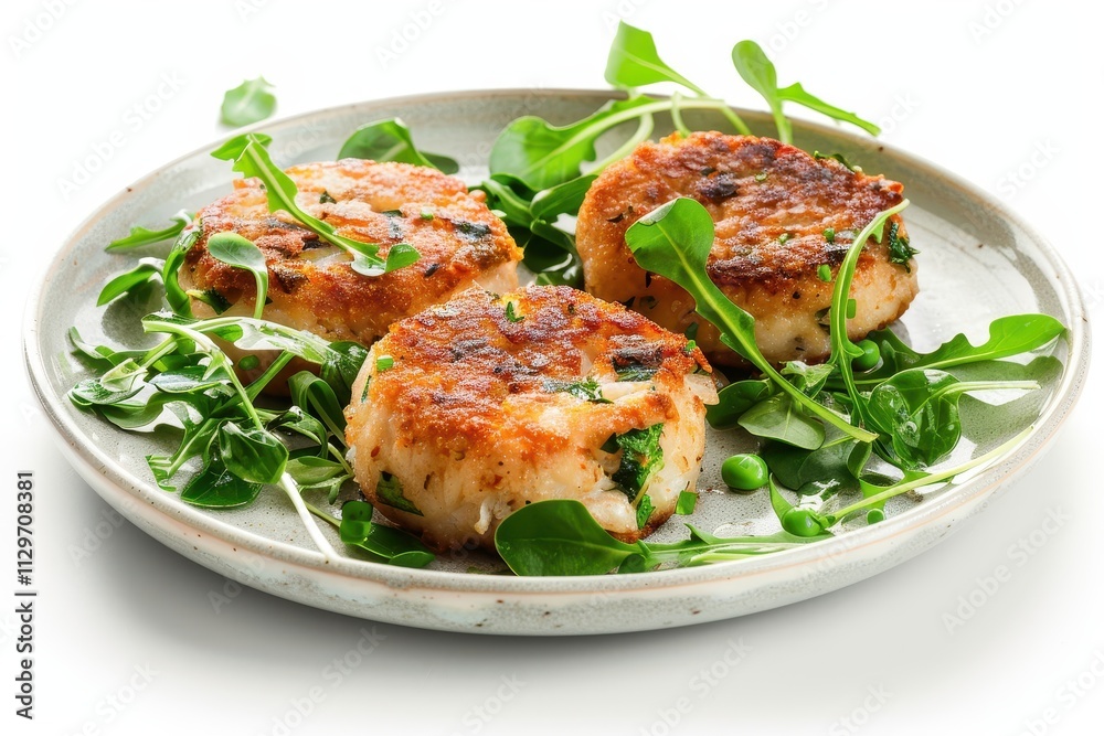 Crab cake or fish cake with spinach and pea shoots on white plate Crab cake or fish cake with spinach and pea shoots on white plate