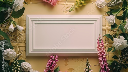 Fototapeta Naklejka Na Ścianę i Meble -  A blank white picture frame with a tile border in the middle surrounded by foxgloves and peonies