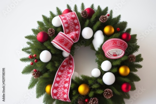 Festive Christmas Wreath with Red and Gold Ornaments and Snowy Accents photo