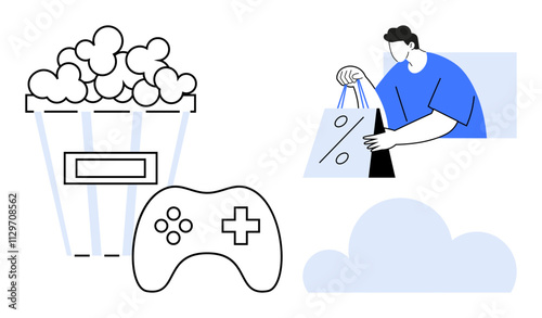 Man holding shopping bags, popcorn bucket, video game controller, and cloud icon. Ideal for e-commerce, gaming, cinema, online shopping cloud storage marketing leisure industry themes. Line