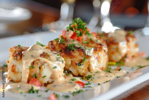 crab cakes with lemon garnish