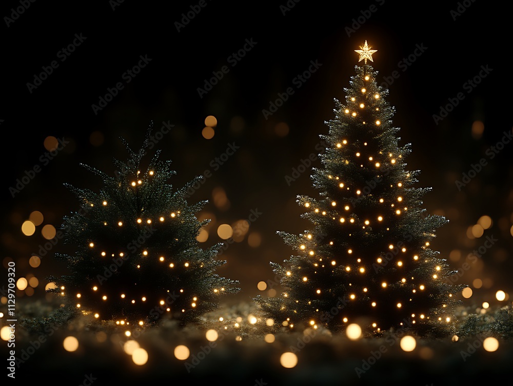 Two illuminated Christmas trees stand in a snowy setting Two illuminated Christmas trees stand in a snowy setting