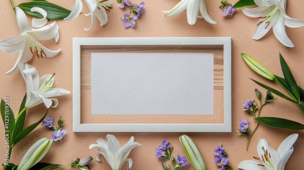 A blank white picture frame with a wooden inlay border in the middle surrounded by lilies and violets A blank white picture frame with a wooden inlay border in the middle surrounded by lilies and violets