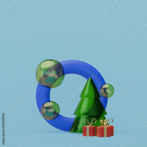 Winter New Year background. Christmas tree, gifts and abstract balloons. three-dimensional illustration. 3D rendering