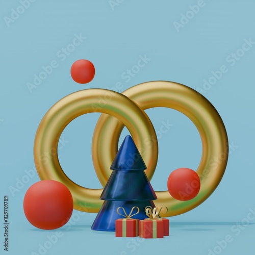 Winter New Year background for a wedding or engagement. Christmas tree, gifts and rings. Three-dimensional illustration. 3D rendering