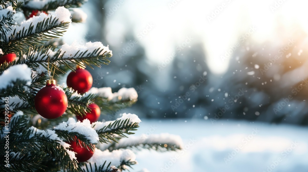 Christmas tree decorated with ornaments in winter wonderland snowy landscape close-up view Christmas tree decorated with ornaments in winter wonderland snowy landscape close-up view