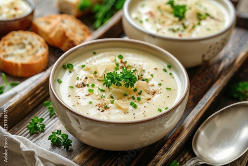 Creamy cheese soup on a white tray